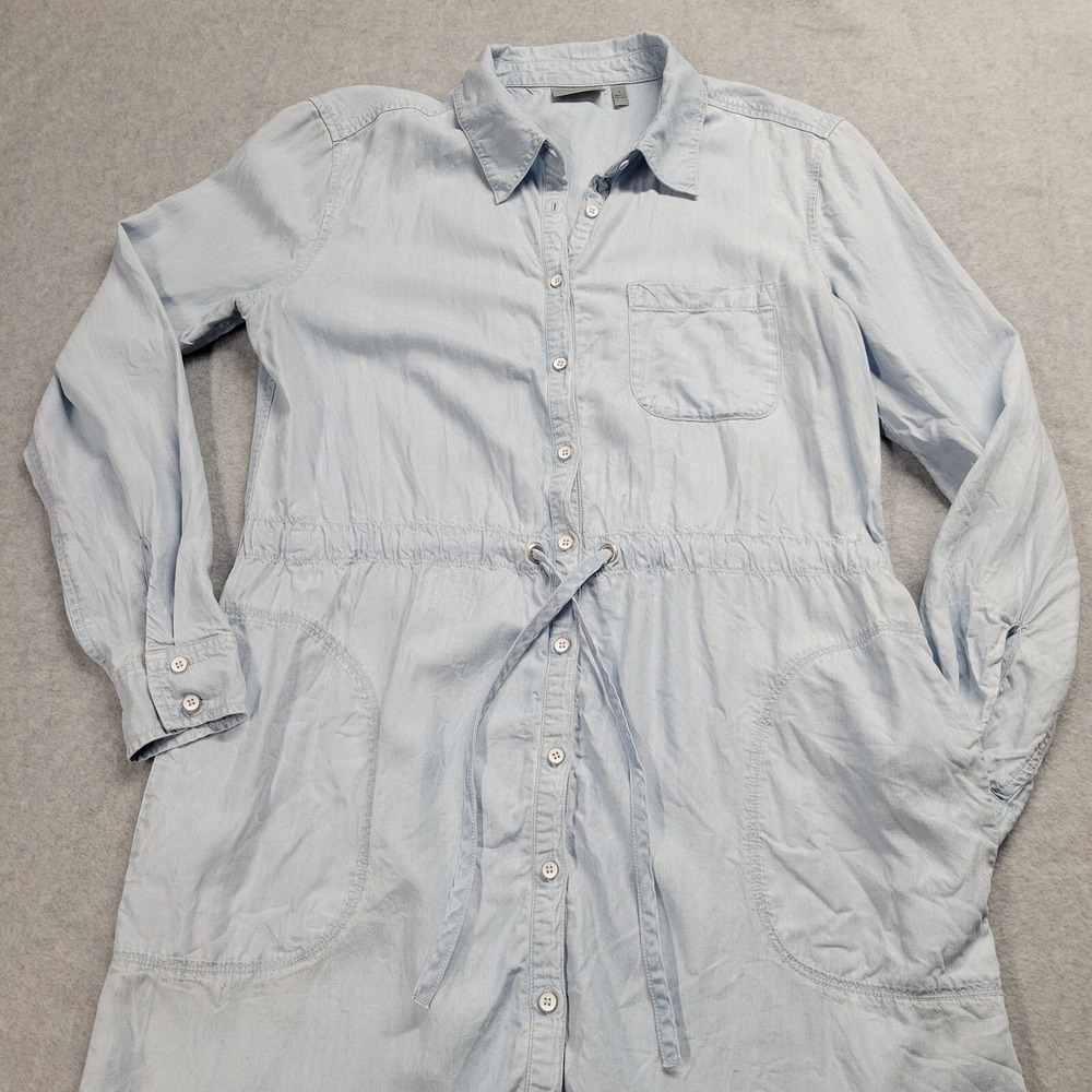 Athleta Lyocell Button Front Shirt Dress Light Wash Blue Drawstring Waist Small
